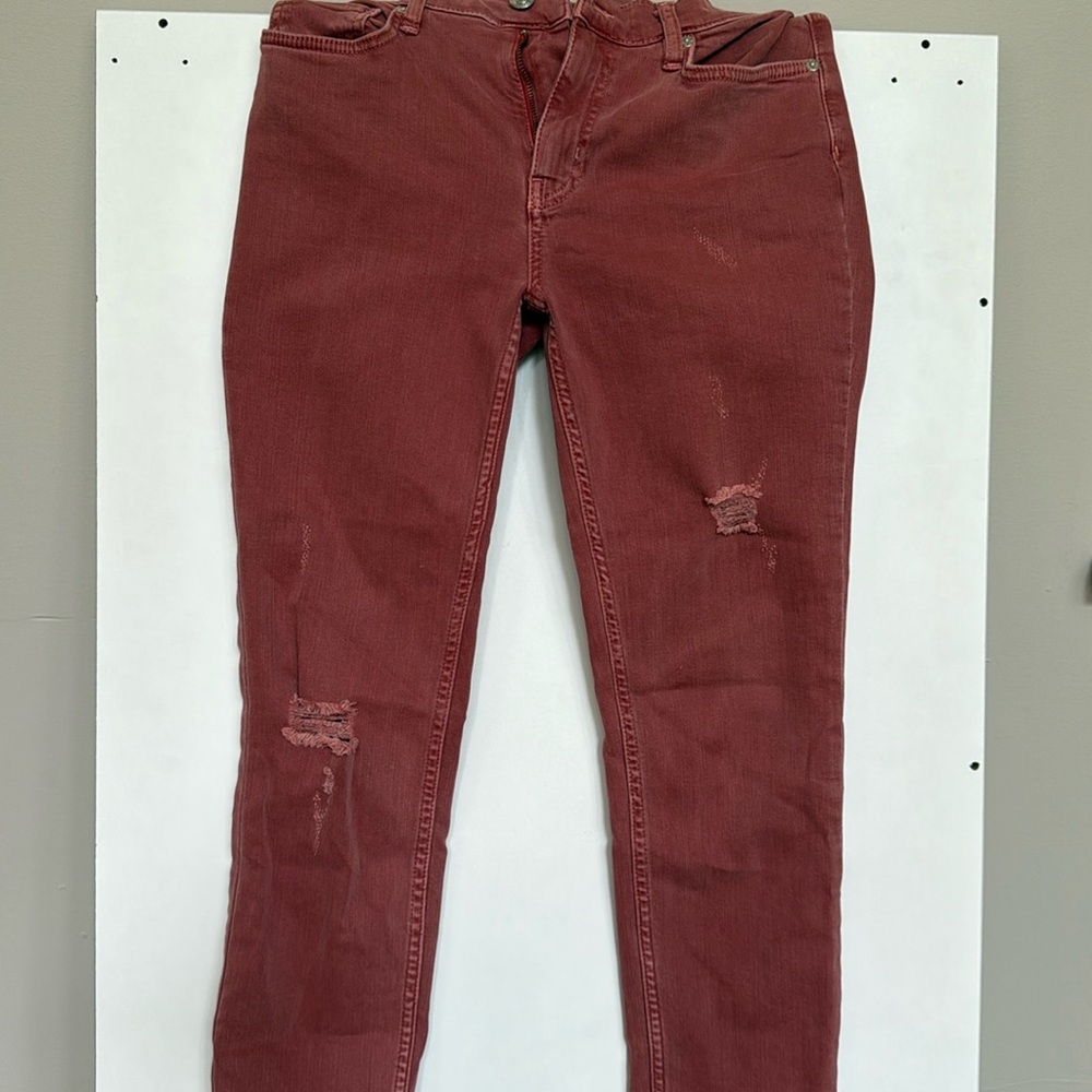 We The Free Red Ankle Cropped Jeans with Distressed Details
